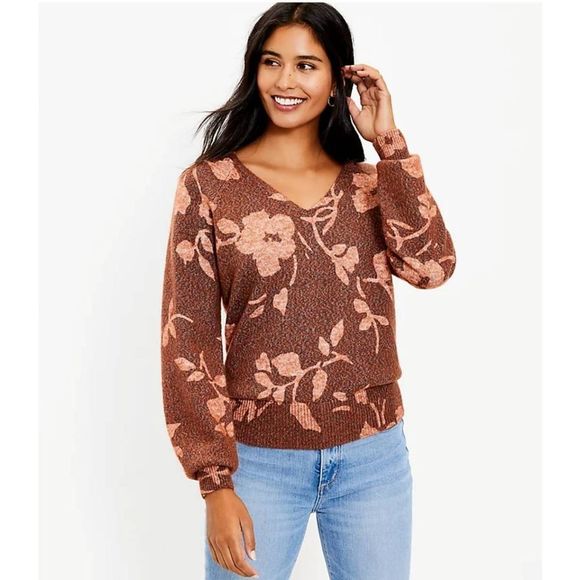 LOFT Sweaters - Loft Vine Raglan V-Neck Sweater Womens Size Large Brown Floral Pullover